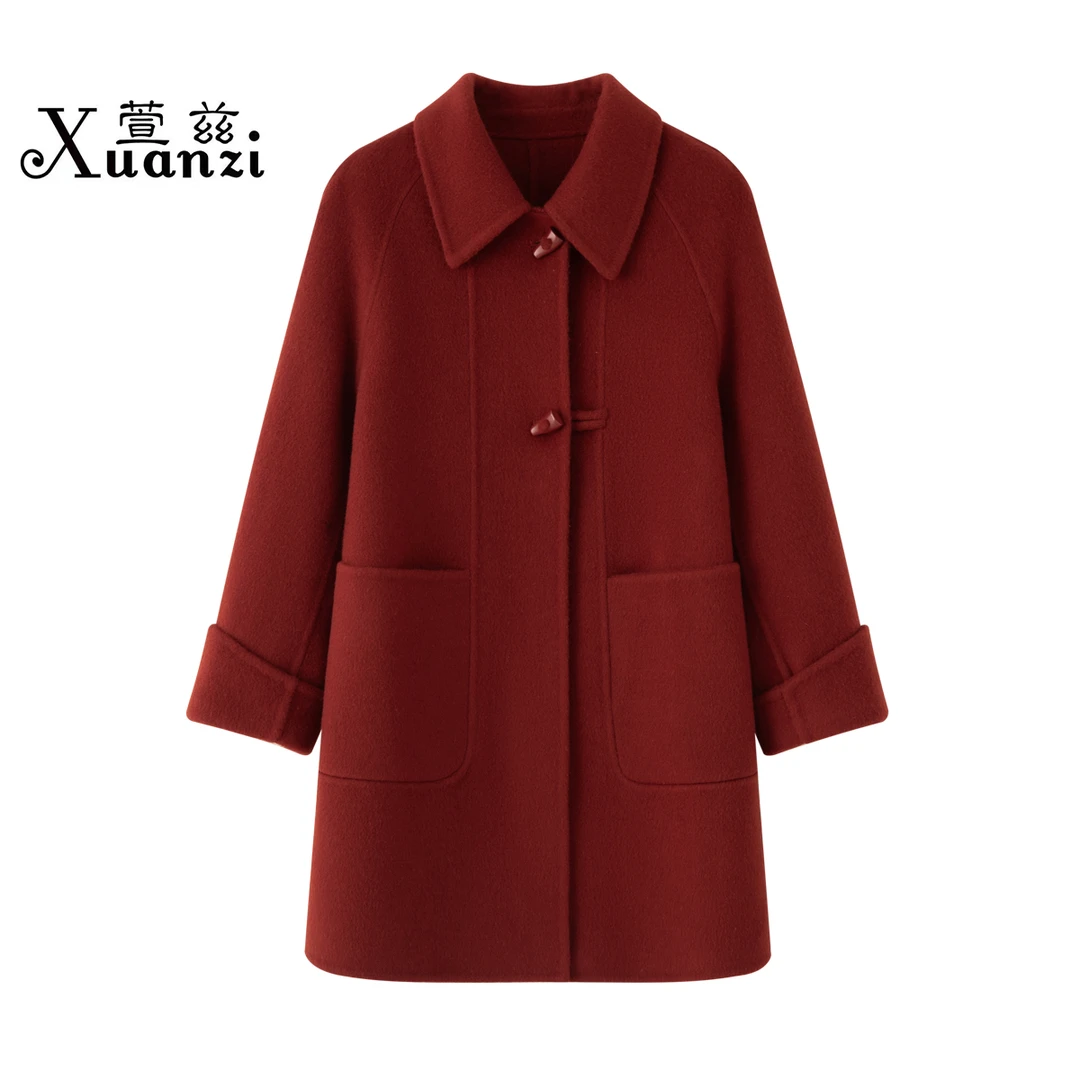 Xuanzi/萱兹毛长毛秋冬中长款娃娃领时尚百搭洋气双面羊毛大衣