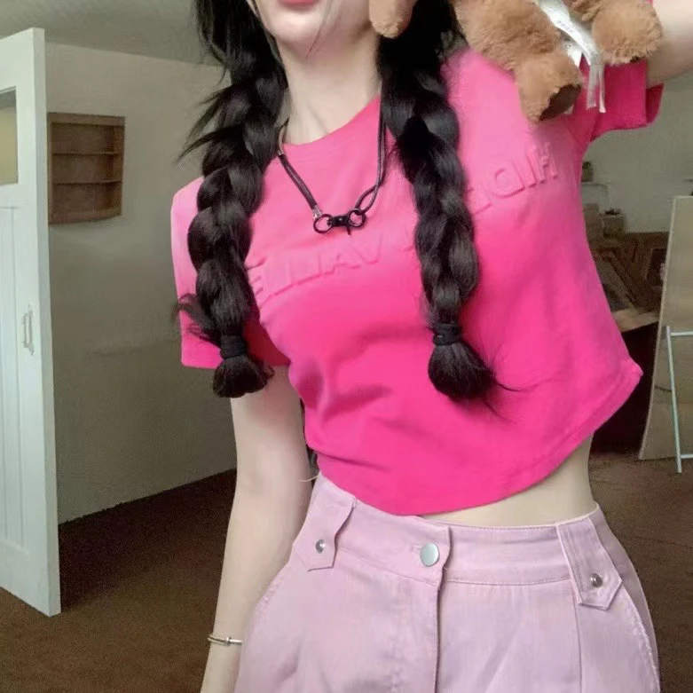 【洗水做旧】夏季纯棉美式ins扎染渐变短袖设计感钢印潮牌T恤女蓝色