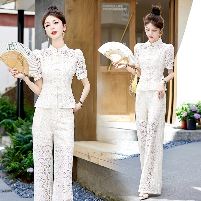 复古中国风套装女2025新款夏季时尚爆款洋气显瘦新中式蕾丝两件套
