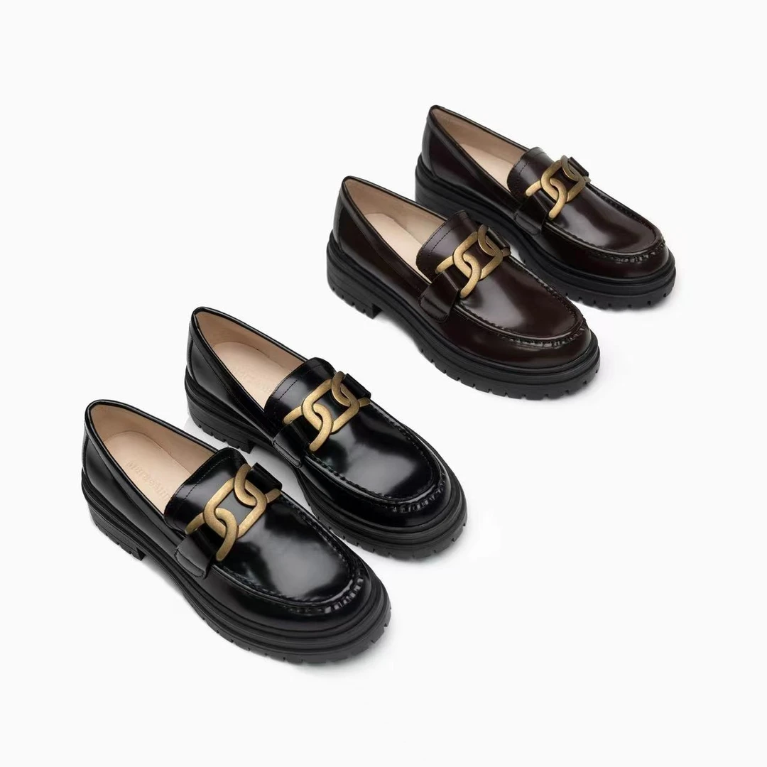 澳洲小众轻奢纯源经典金属扣粗跟厚底圆头乐福鞋女时尚黑色真皮鞋