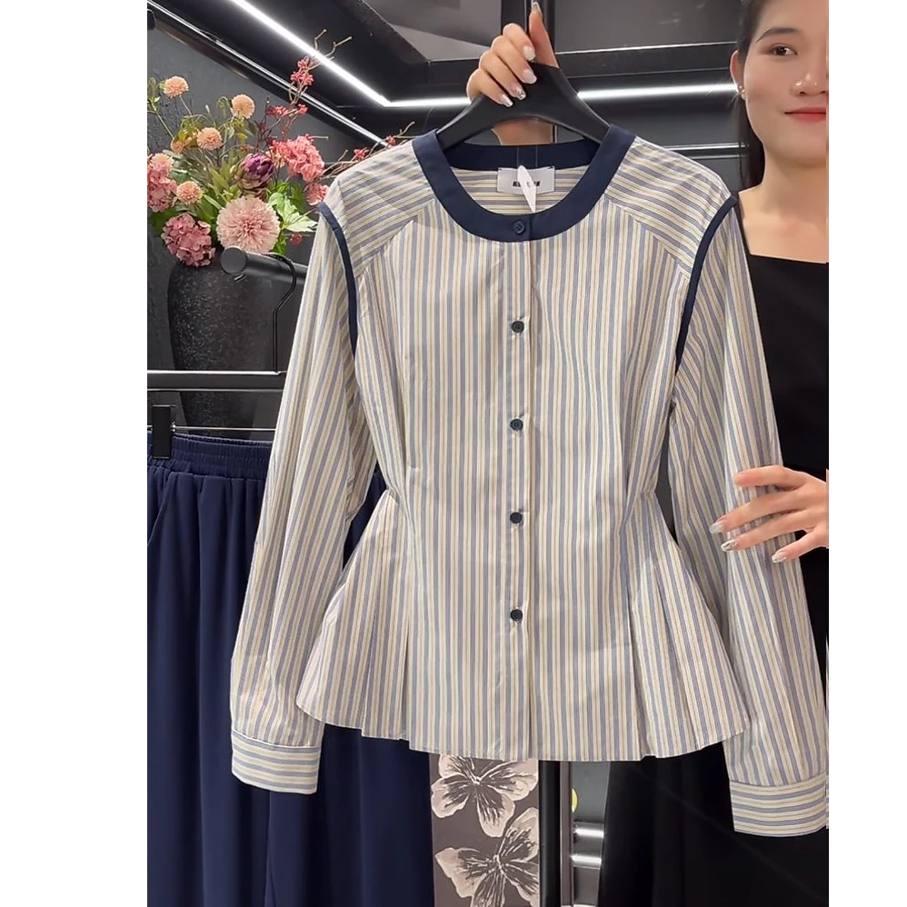 撞色条纹长袖上衣女潮2024秋季新款别致独特显瘦衬衫女时尚设计感