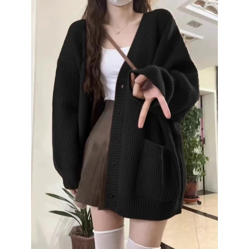 慵懒风复古日系针织开衫女秋冬新款毛衣外套韩版宽松基础中长款