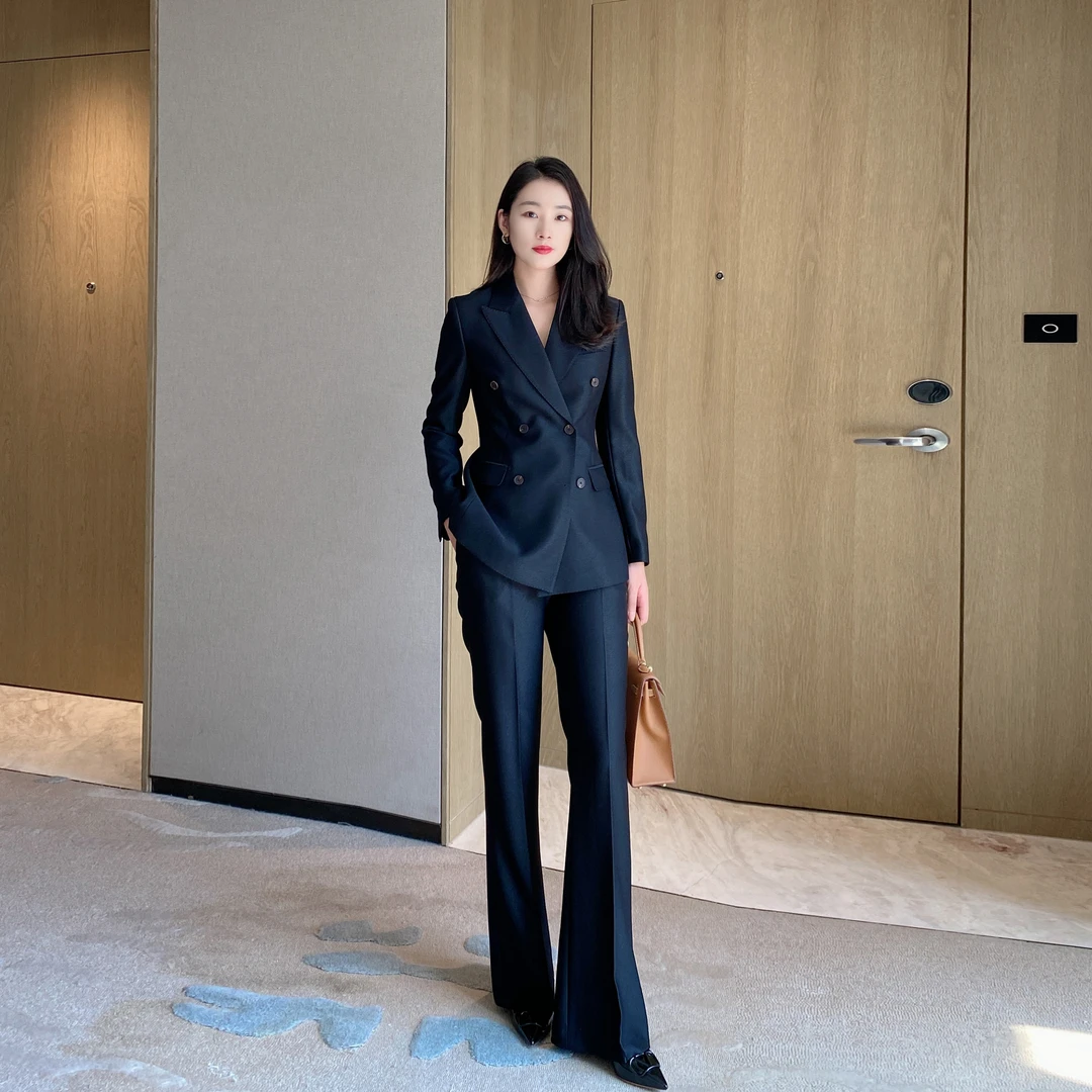 2024秋季高档面料黑色休闲西装套装会议正装修身职业通勤微喇裤女
