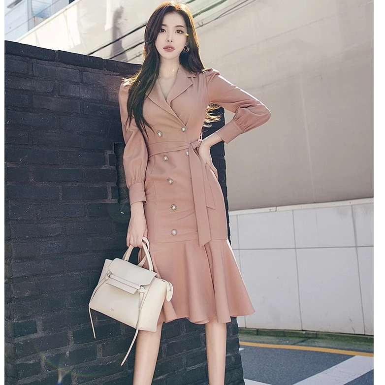 2024秋季新品高端名媛气质西装领双排扣鱼尾收腰连衣裙冬2627