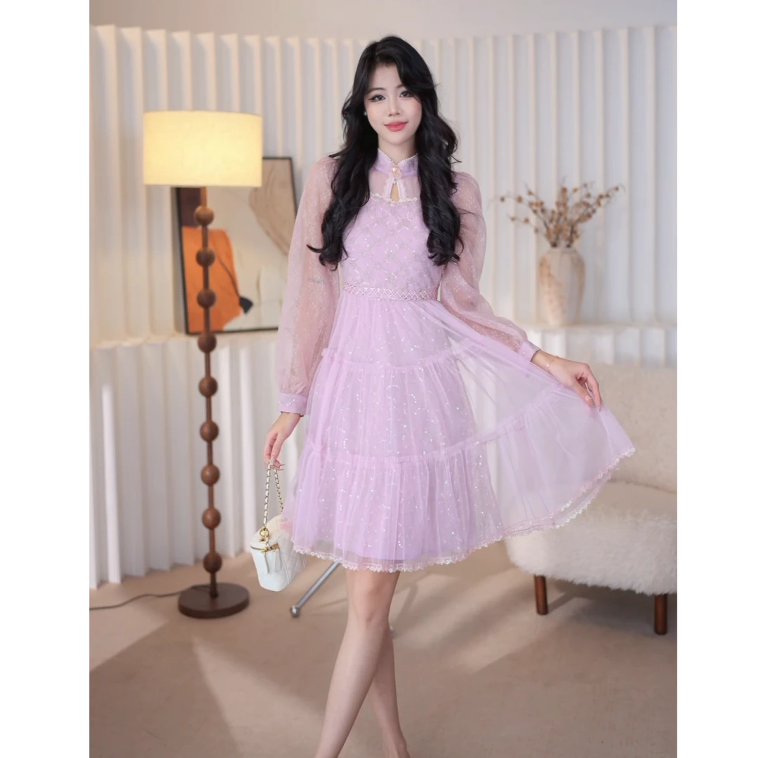 2024秋季新款轻奢轻纱高级显瘦收腰气质优雅连衣裙1523