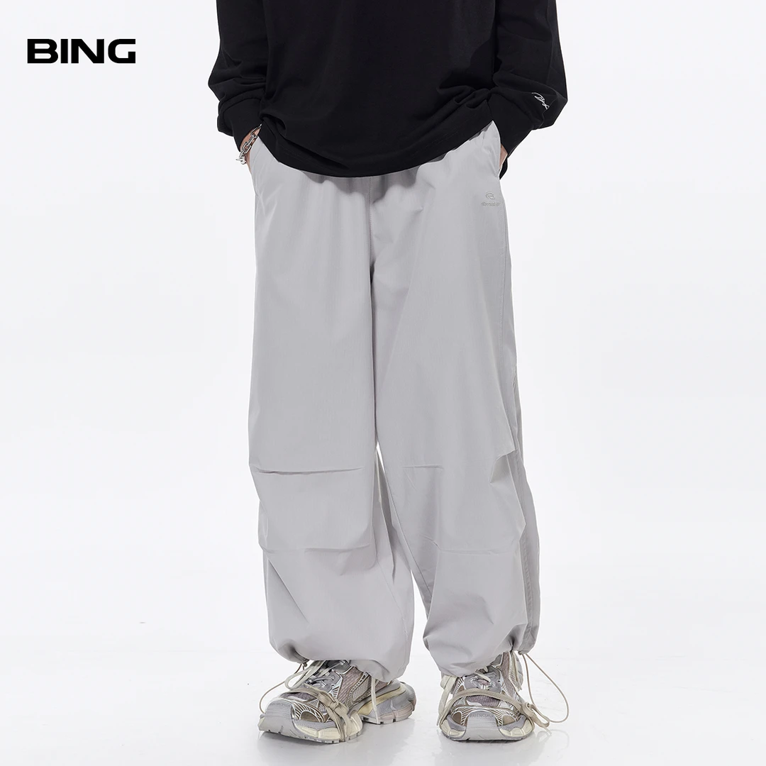 BING裤子男款春夏季褶皱设计感小众美式高街宽松抽绳束脚休闲裤