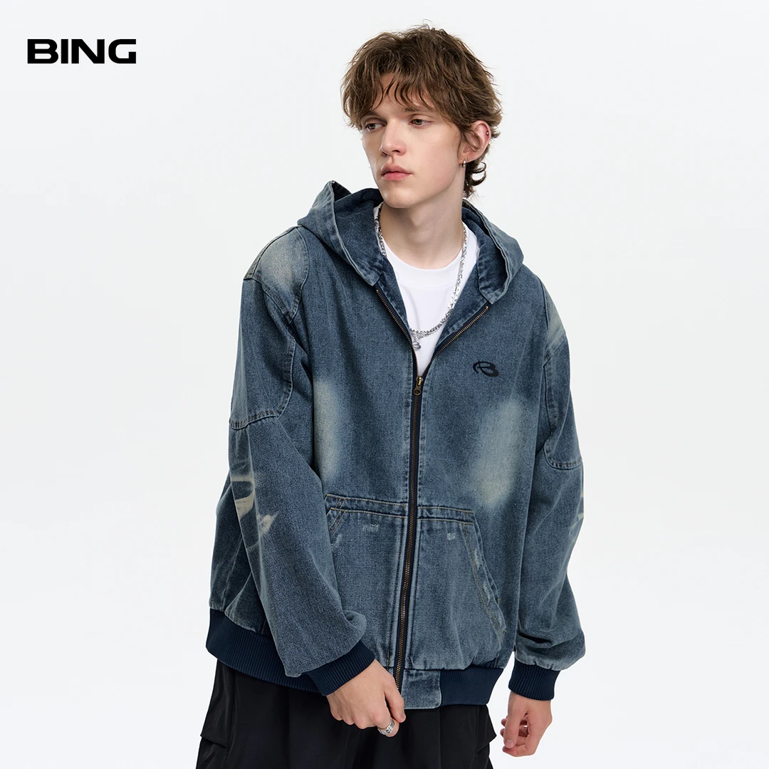 BING水洗磨白高街连帽牛仔外套男2024年秋季新款美式复古休闲夹克