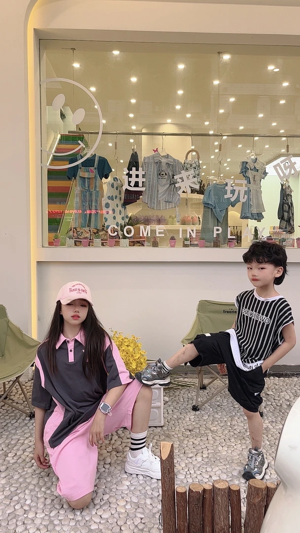 儿童夏款童装透气清凉小清新针织韩版儿童百搭条纹撞色拼色洋气1