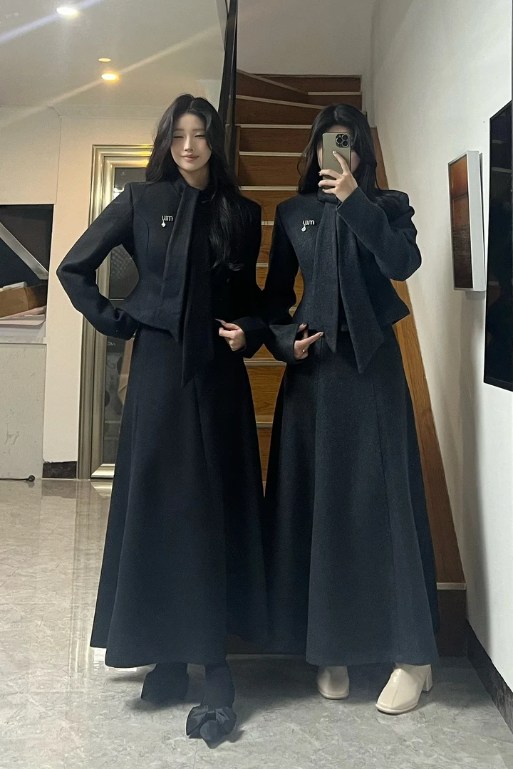 PANPANSTUDIO【miu里miu气】夹棉毛呢职场通勤套装女中长款A摆裙