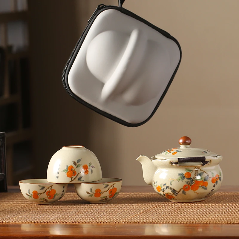 C237柿柿如意汝窑旅行茶具套装便携式户外泡茶快客杯一壶三杯