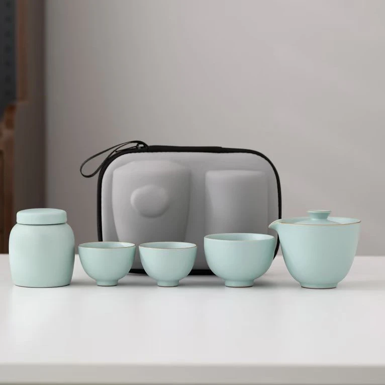 C263 汝窑旅行茶具套装一壶三杯快客杯陶瓷茶杯户外便携式泡茶装