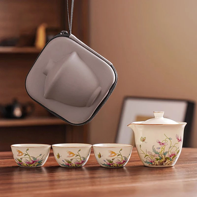 C178汝窑旅行茶具旅行装便携式手抓壶陶瓷盖碗三杯随身包办公小聚