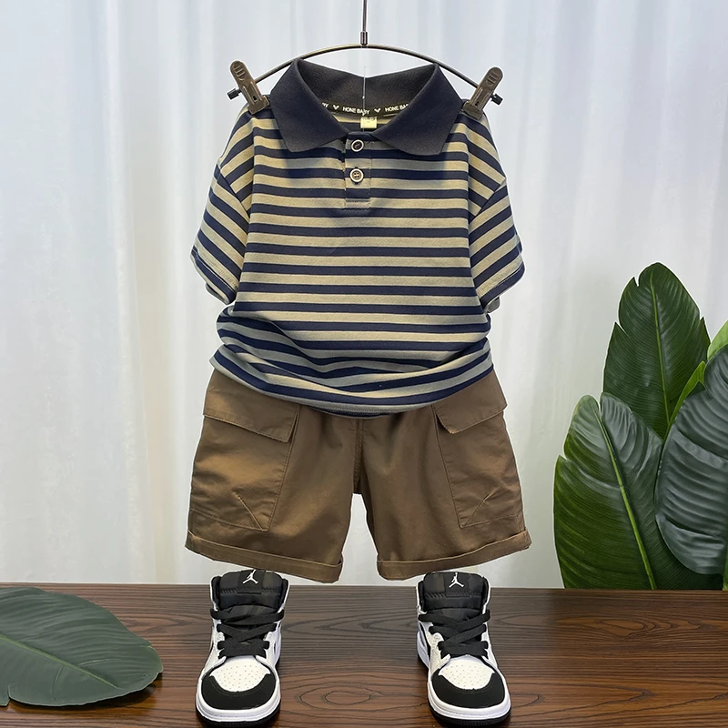 男童条纹POLO衫短裤套装2024中大童夏季宝宝夏装衣服儿童酷帅洋气