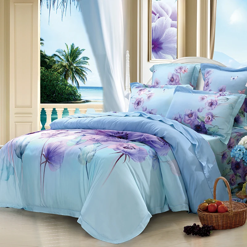 水星家纺 天丝莱赛尔活性印花缎纹四件套薄荷馨香四件套紫菱罗