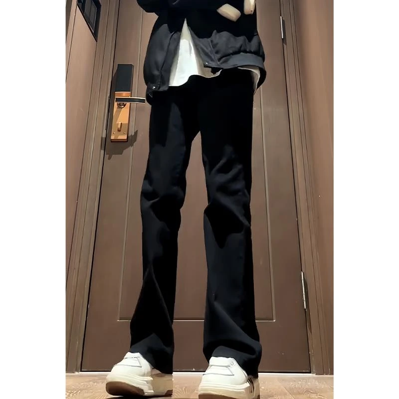 美式vibe裤子高街潮牌纯黑色弹力加绒牛仔裤男生微喇叭秋冬直筒裤