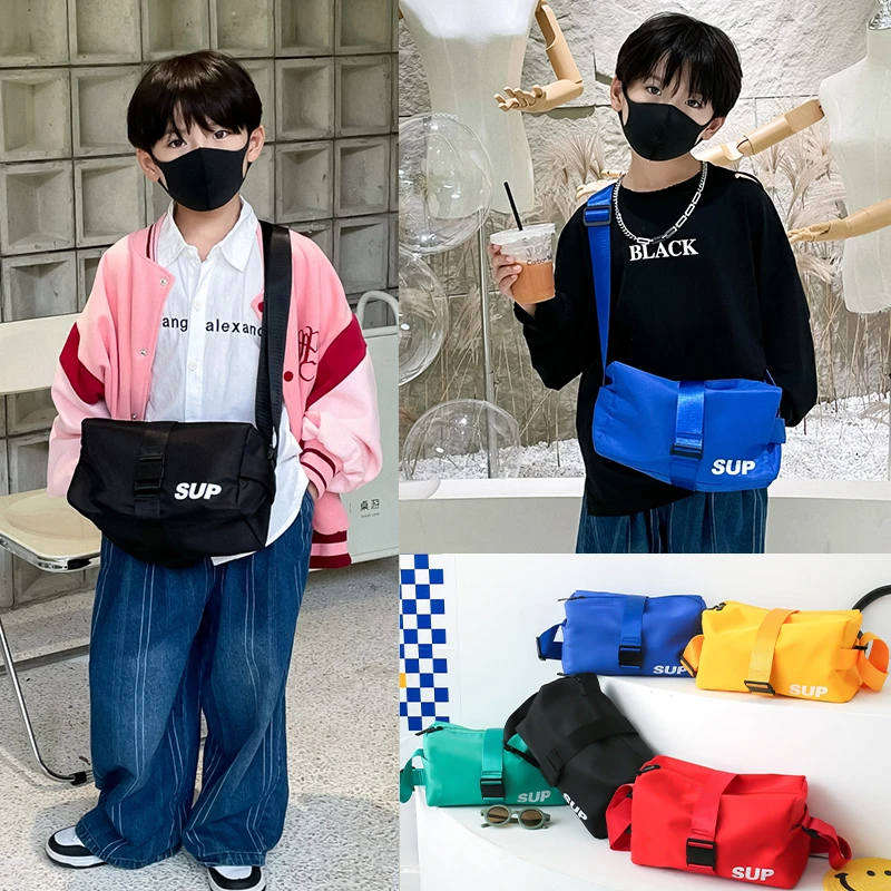 新款儿童包男女童简约潮酷尼龙拉链大容量户外运动枕头斜挎单肩包