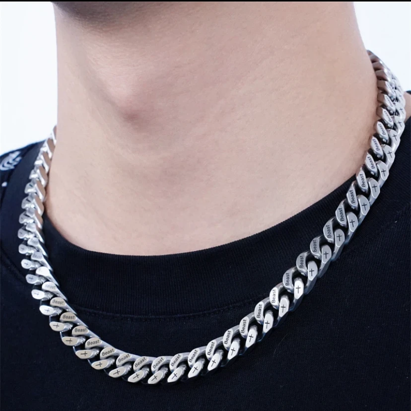 钛钢项链 拉丝刻字古巴项链手链潮男嘻哈时尚设计风立体感古巴链