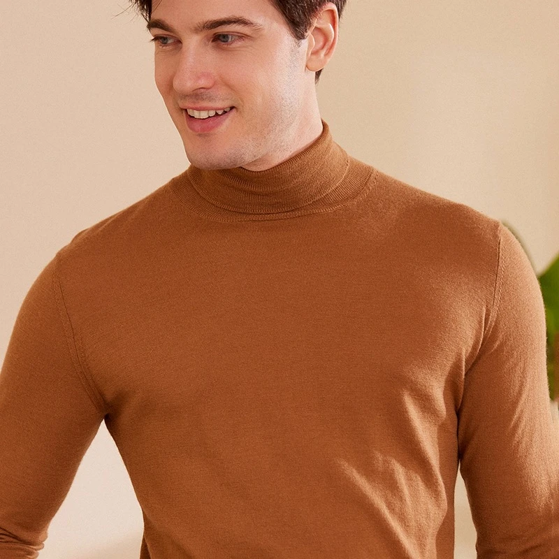 68/3精纺超薄纯山羊绒男士套头衫高翻领毛衣纯色长袖商务风打底衫