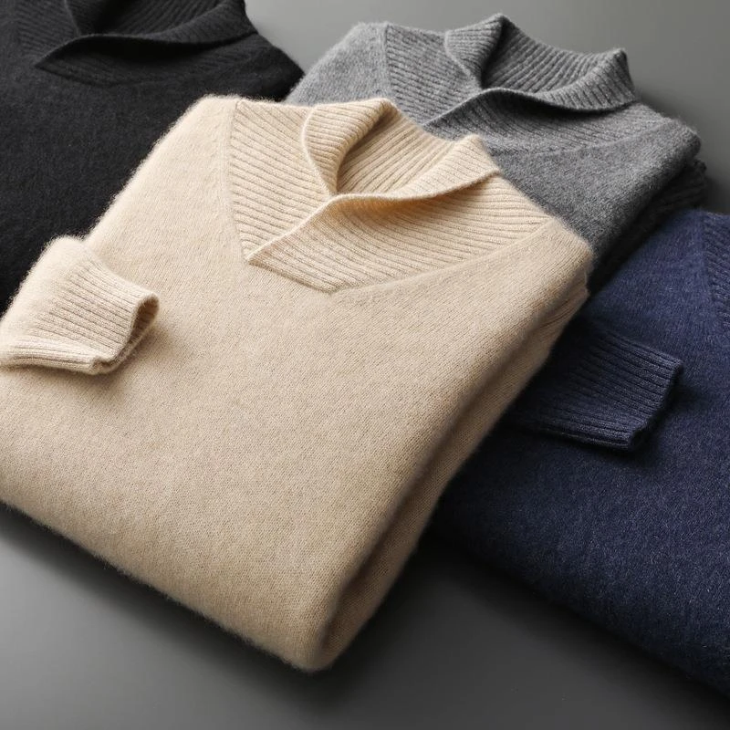 2022新款双股加厚羊绒衫男100山羊绒翻领套头打底毛衣