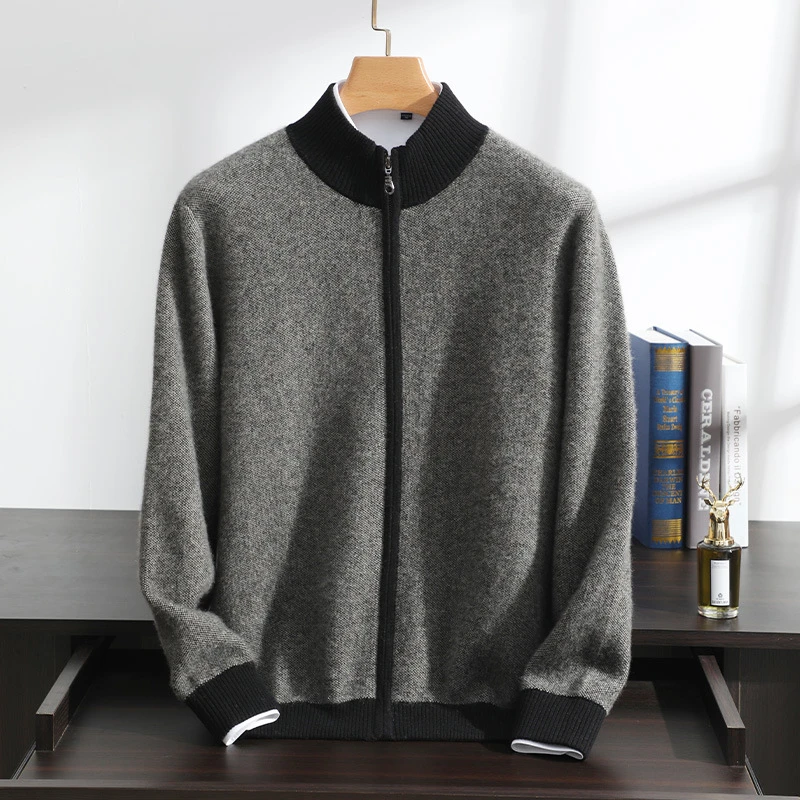 羊绒开衫男士100纯山羊绒秋冬新四平加厚YKK拉链半高领毛衣外套