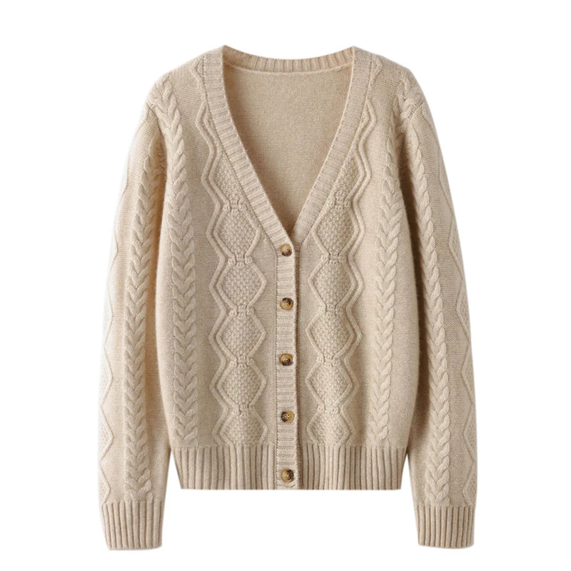 双股加厚山羊绒针织长袖开衫 复古菱形格扭花V领女士纯色宽松外套