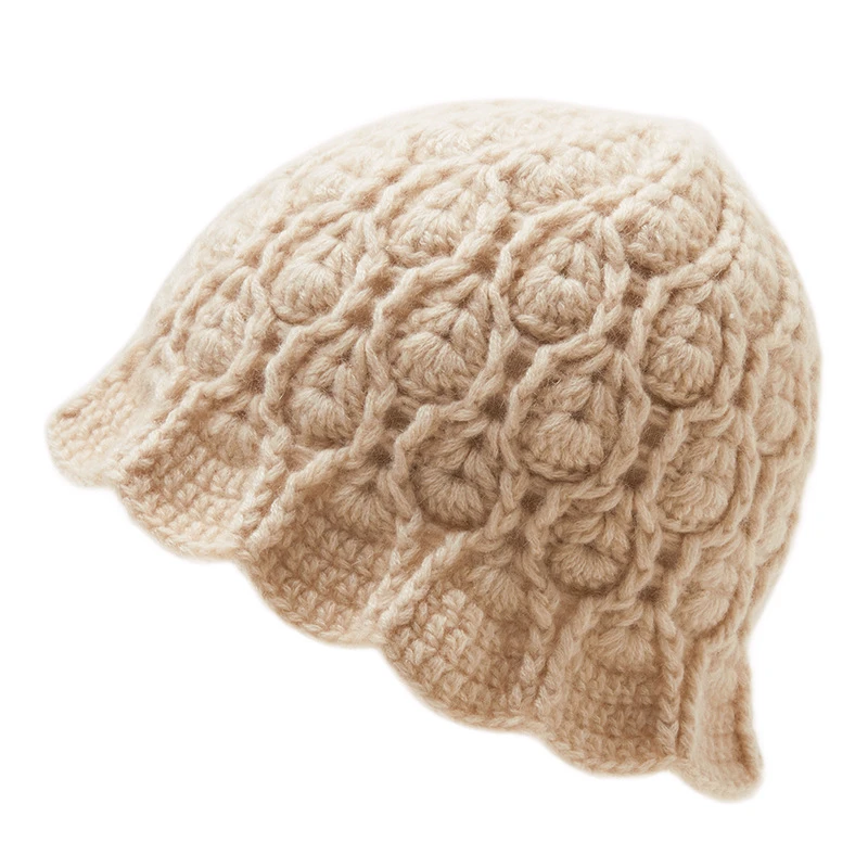 羊绒帽子女100纯山羊绒秋冬新款加厚纯手工花瓣保暖渔夫帽时尚