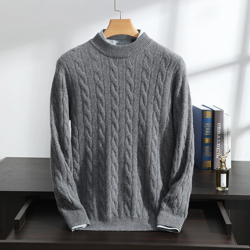 羊绒衫男半高领100纯山羊绒秋冬新款麻花七针双股加厚针织毛衣