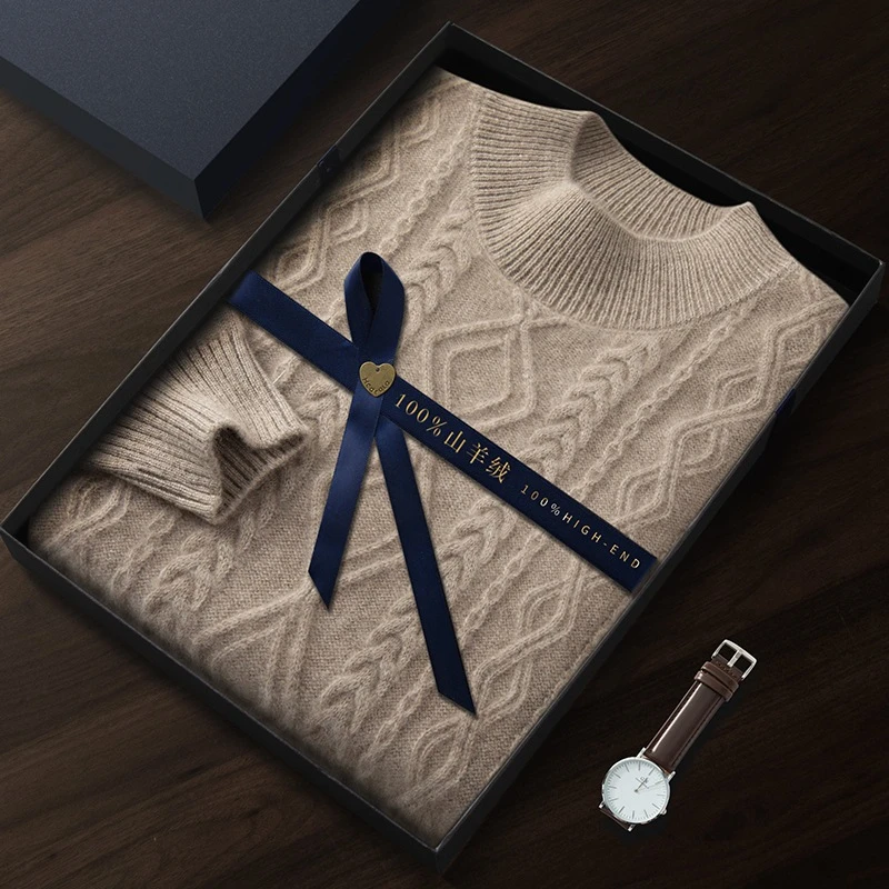 山羊绒衫男半高领秋冬季提花加厚毛衣纯色商务纯羊绒针织打底衫