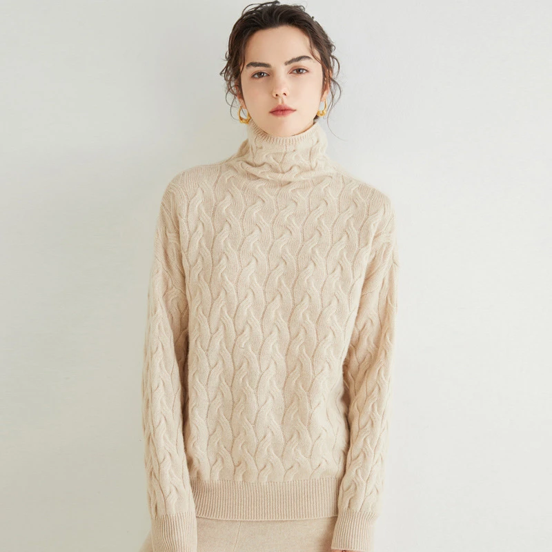 山羊绒衫女堆堆领2023秋冬新款宽松长袖套头打底高领针织打底毛衣
