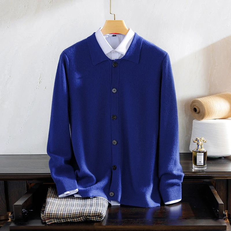 冬季男装新款男士纯羊绒衫纽扣开衫外套毛衫羊绒衫男针织翻领毛衣