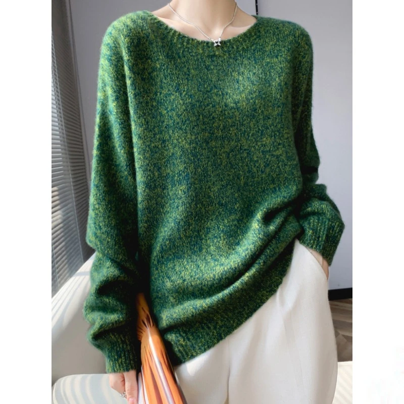 轻柔软糯山羊绒桑蚕丝花纱针织衫女圆领宽松套头外穿加厚毛衣新款