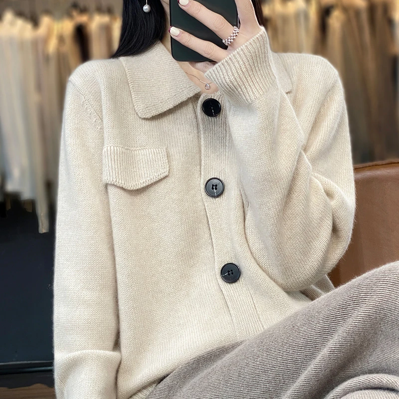100纯羊毛衫女23春季新款POLO领长袖百搭外套韩版气质翻领针织衫