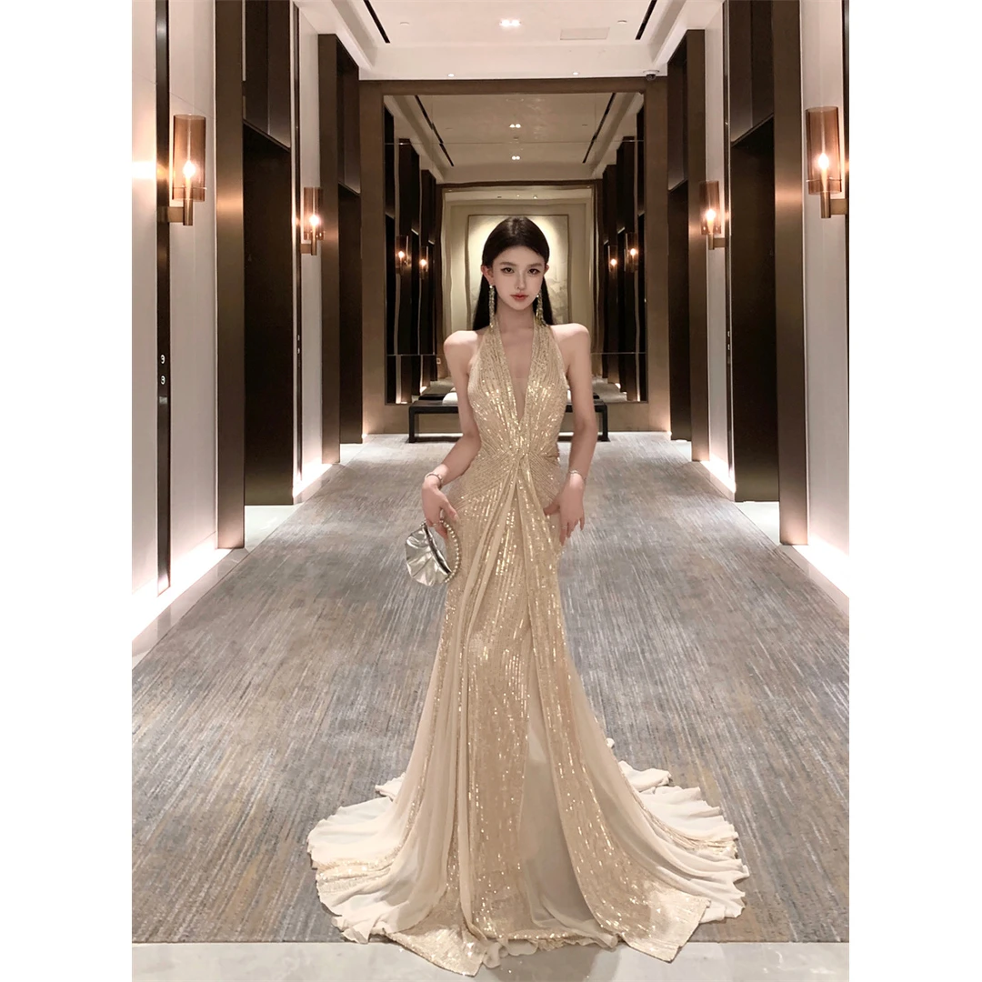 高级感细闪亮片挂脖连衣裙party礼服20C24C