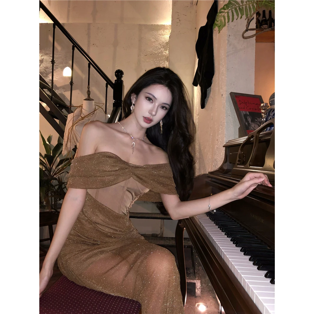 新款网纱无袖连衣裙法式一字肩闪闪礼服裙子20C24C