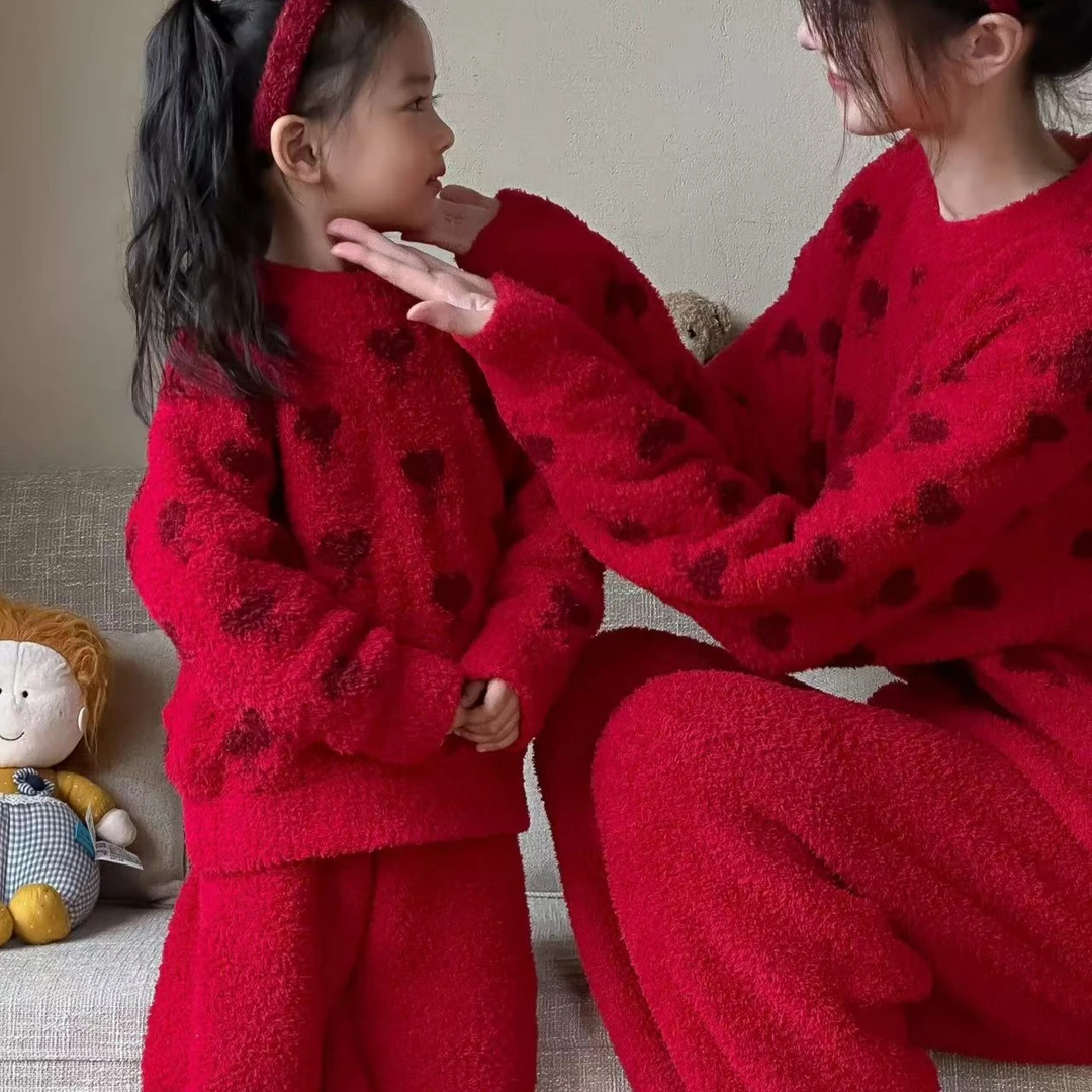 亲子款泡泡绒家居服红色圣诞节新年款家居服加厚保暖秋冬儿童睡衣