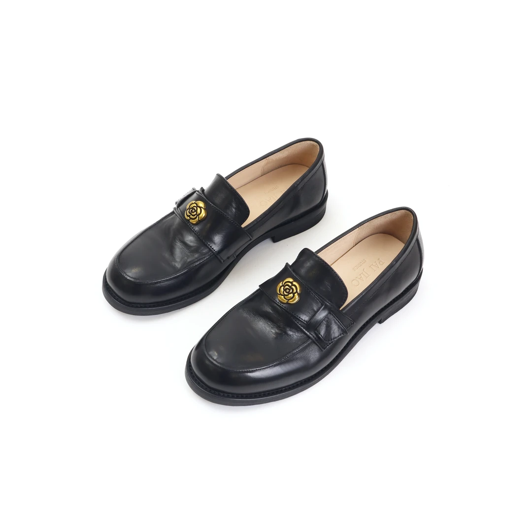 高级感金扣法式厚底单鞋马皮一脚蹬粗跟百搭乐福小皮鞋女3558-1