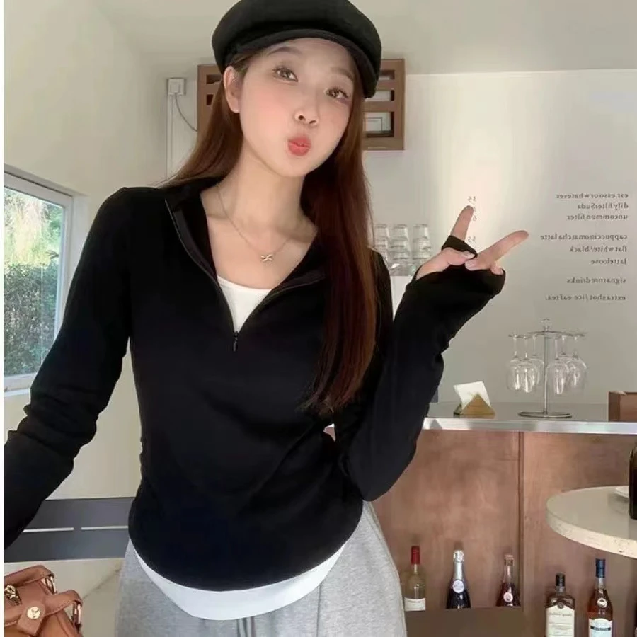 新款纯色假两件显瘦气质长袖设计感上衣女 九