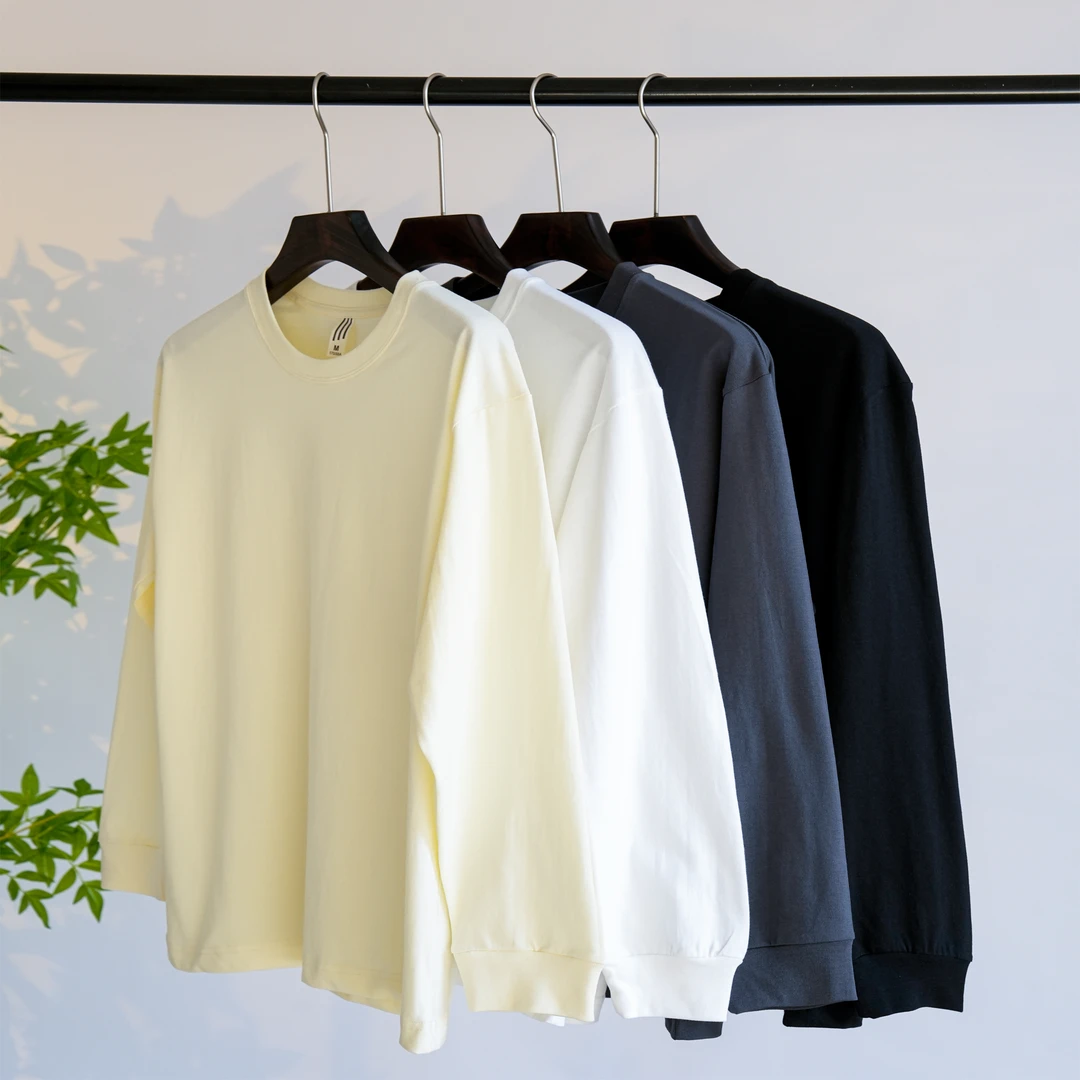 螺纹袖口 长袖100%纯棉新疆长绒棉宽松百搭打底情侣薄款纯色上衣