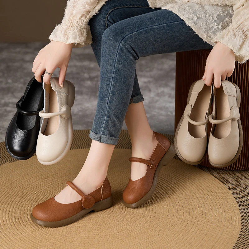 头层牛皮夏季软底浅口鞋复古圆头百搭女鞋小单鞋