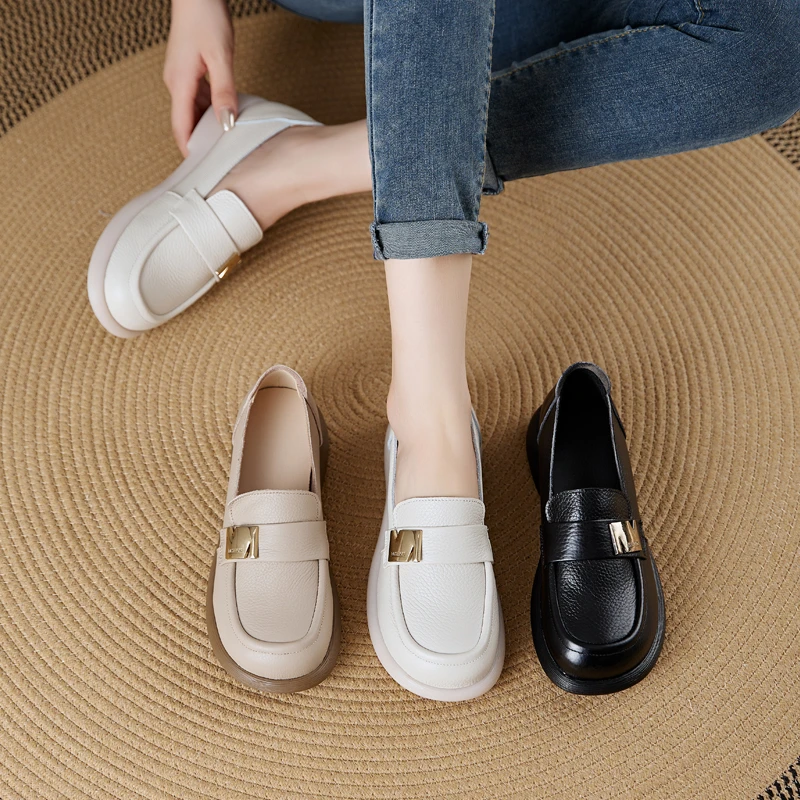 头层牛皮休闲舒适乐福鞋软底百搭圆头单鞋夏季真皮女鞋浅口妈妈鞋