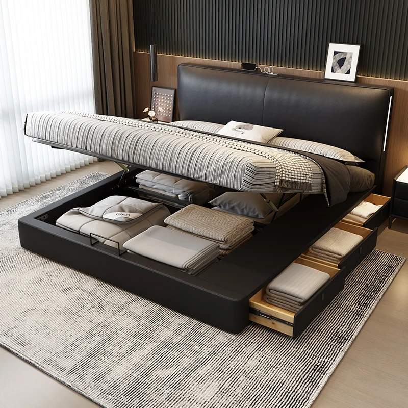 卡丽蒂真皮床头层牛皮主卧室双人软包婚床轻奢现代简约黑色高箱床
