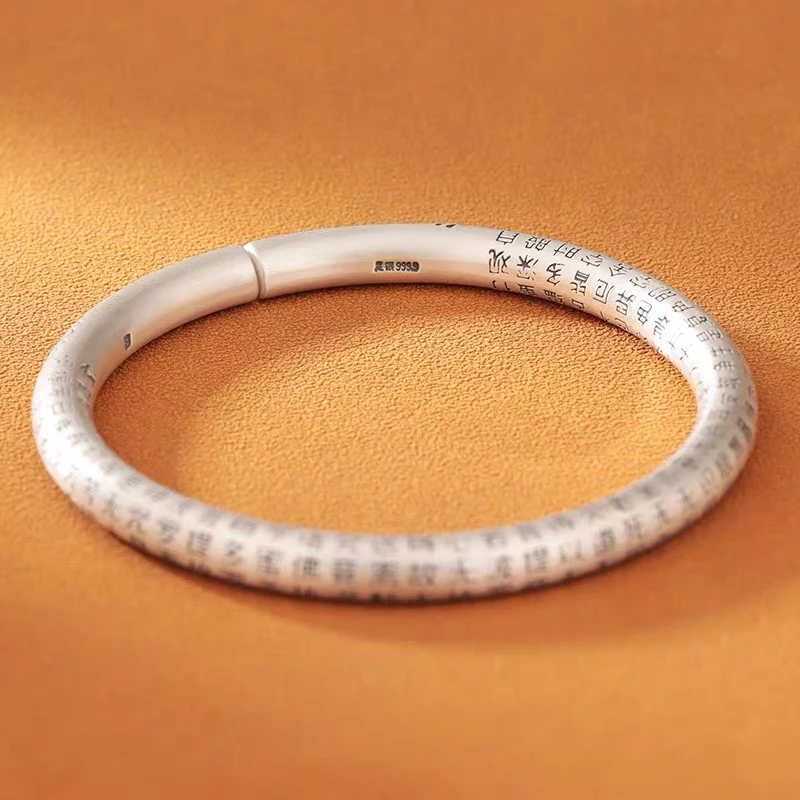 足银手镯 足银手镯 9999纯银复古民族风实心圆棍心经开口镯子