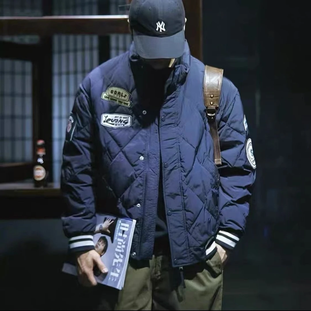 秋冬加大码复古立领棉衣男士冬季潮流痞帅宽松男款菱形休闲棉服男
