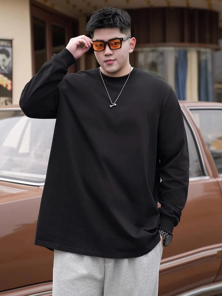 重磅纯棉大码男装胖子纯色打底长袖T恤春秋宽松休闲内搭纯棉上衣