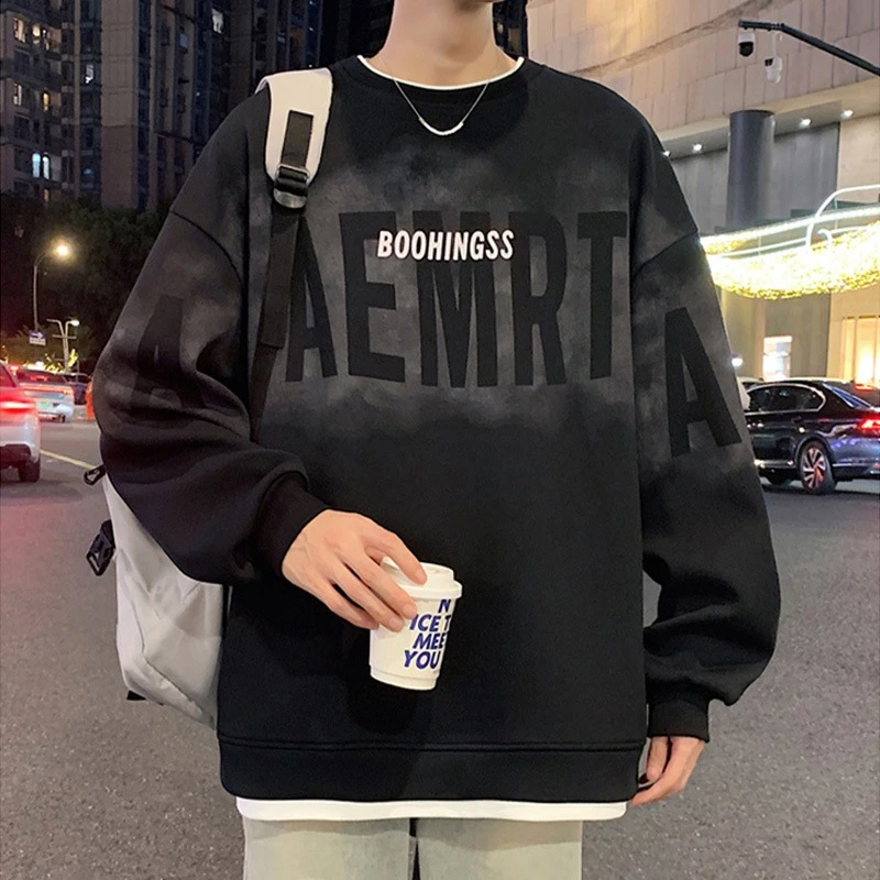 大码男装假两件卫衣男春秋季加绒青少年潮牌加大码宽松长袖卫衣男