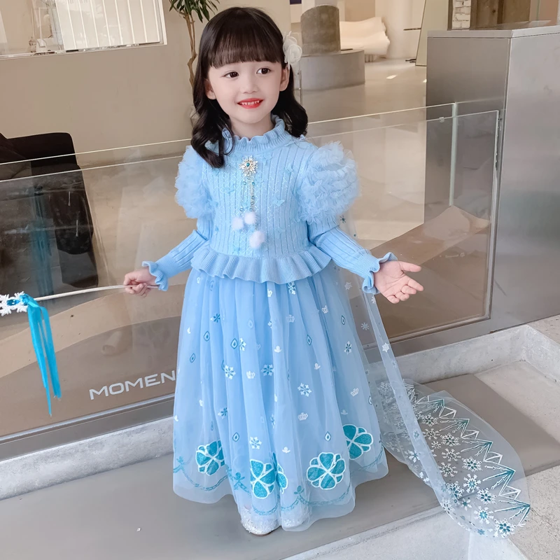 毛衣爱莎公主裙子女童圣诞节冰雪奇缘儿童宝宝生日礼服秋冬连衣裙