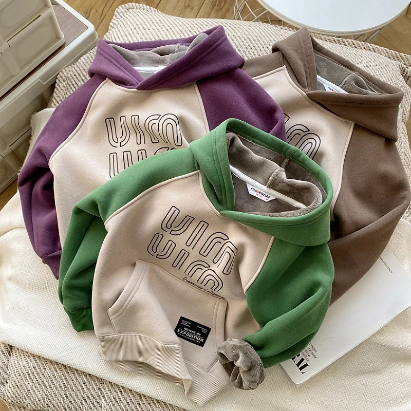 男孩加绒卫衣2024新款儿童秋冬款连帽上衣冬季打底衫男孩加厚衣服