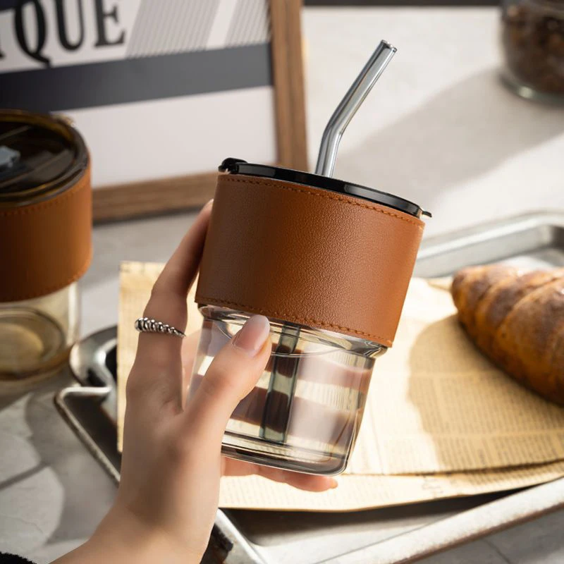 网红杯子ins创意竹节杯透明玻璃杯带盖吸管式双饮水杯情侣咖啡杯