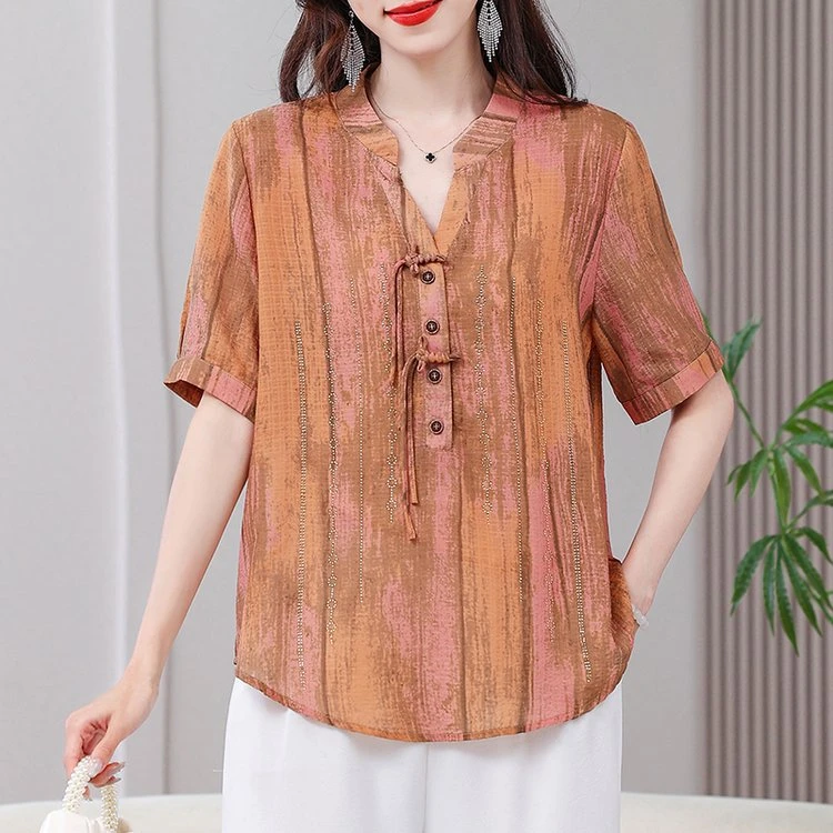 洋气妈妈装国风立领套装女宽松2024夏款中老年遮肉显瘦开衫两件套