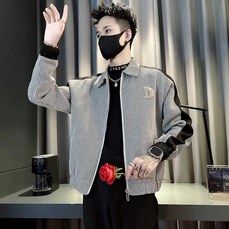 男士外套春秋季潮牌条纹拼接夹克男装2024新款秋装高级感痞帅上衣